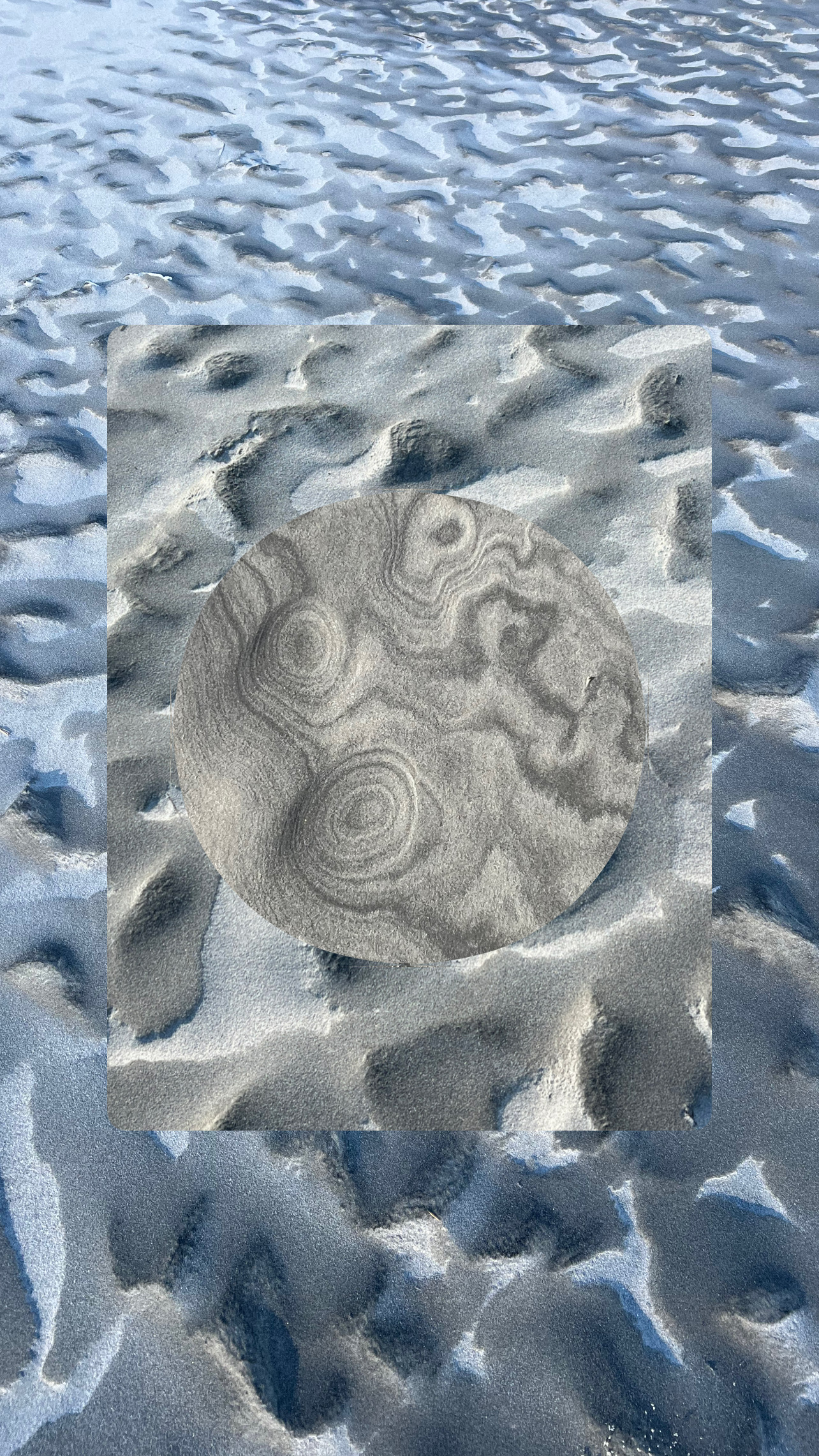 A multi-layered photo composed of 2 sandy beach patterns, aka rills, and another of beige and light brown whorls of sand.